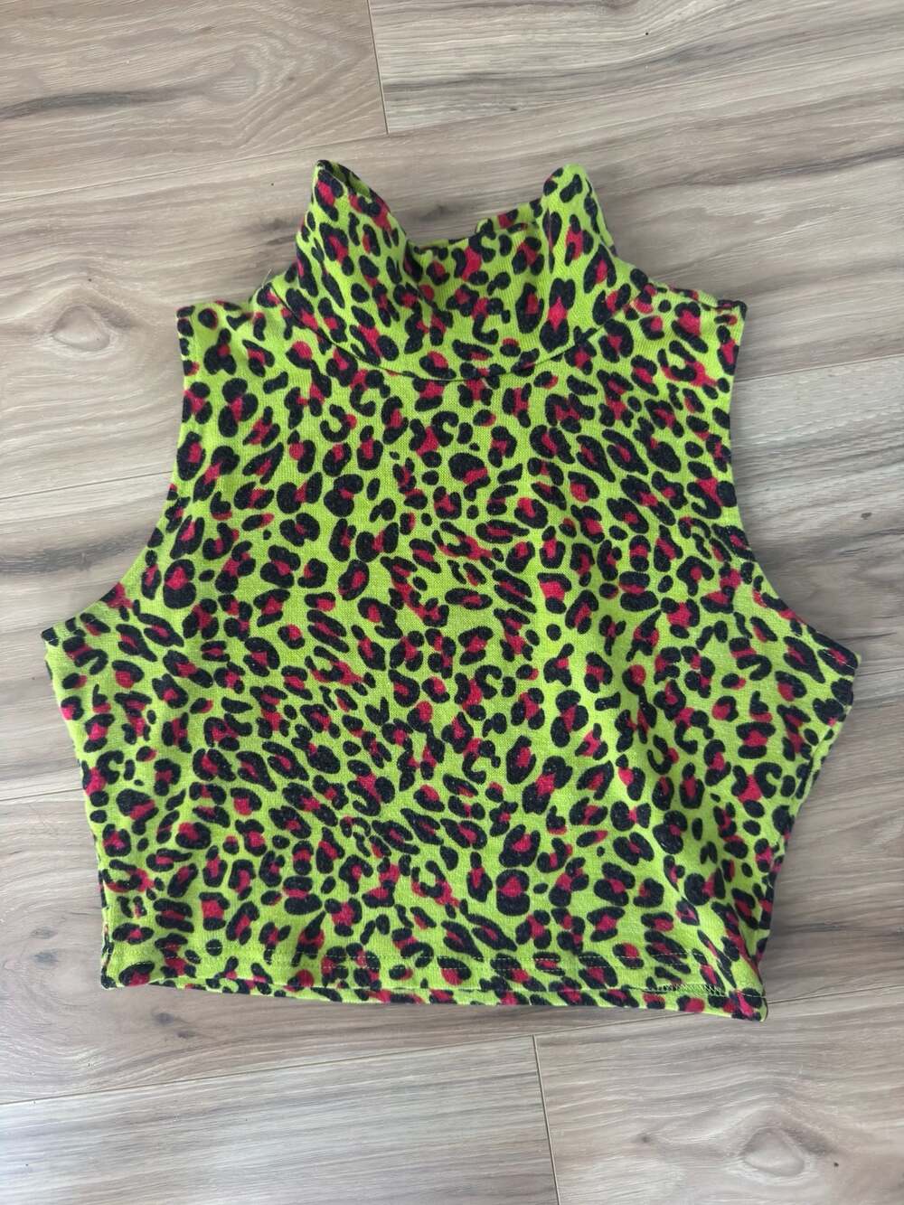 Jawbreaker Lime Green and Pink Leopard Print Mock Neck Sleeveless Crop Top